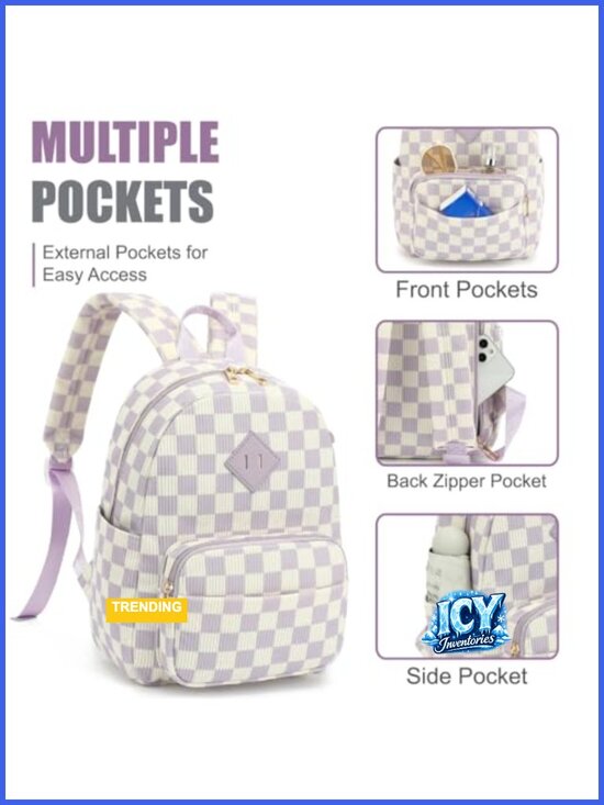 Corduroy Mini Backpack Purse Women Checkered Travel Daypack 9\